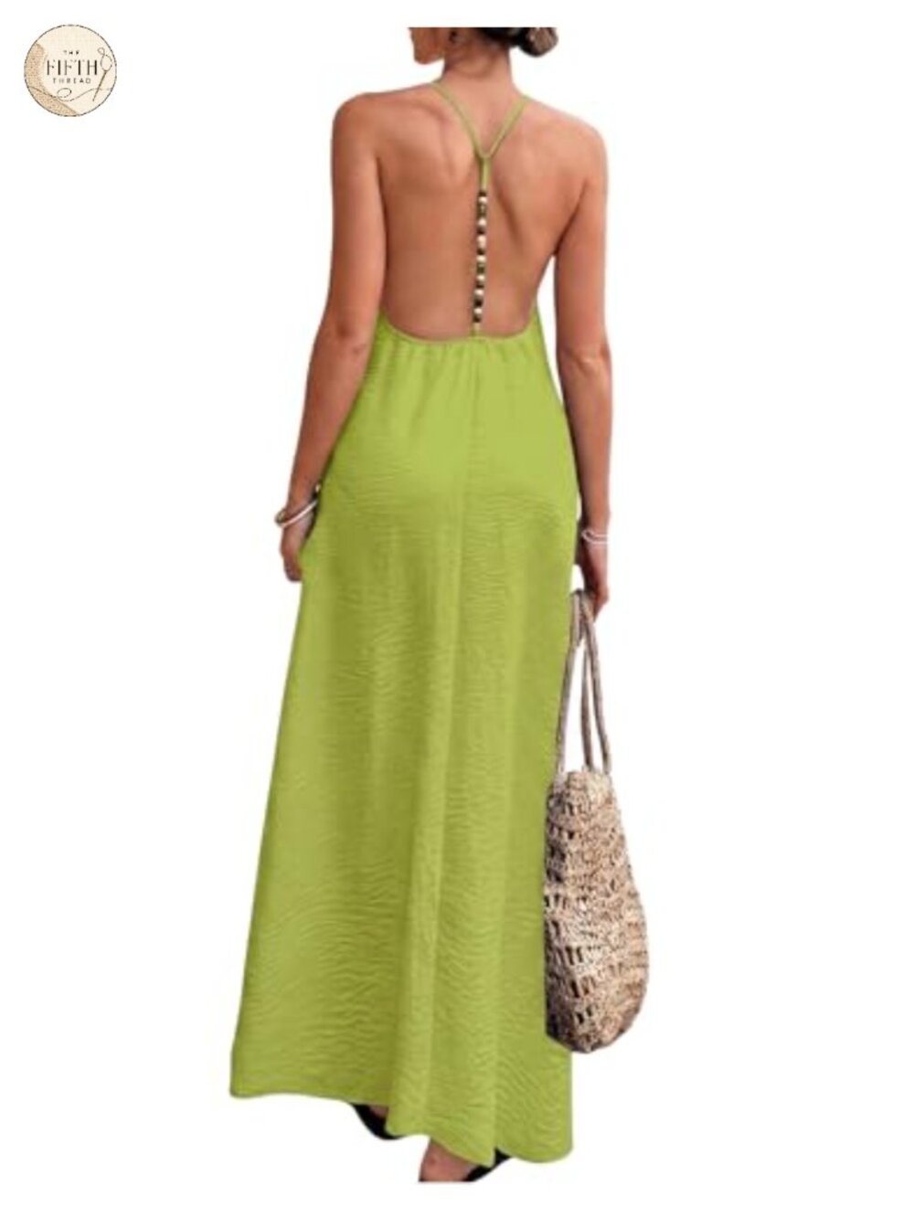 Women's Linen Blend Maxi Dress Backless Cami Beaded Sundress